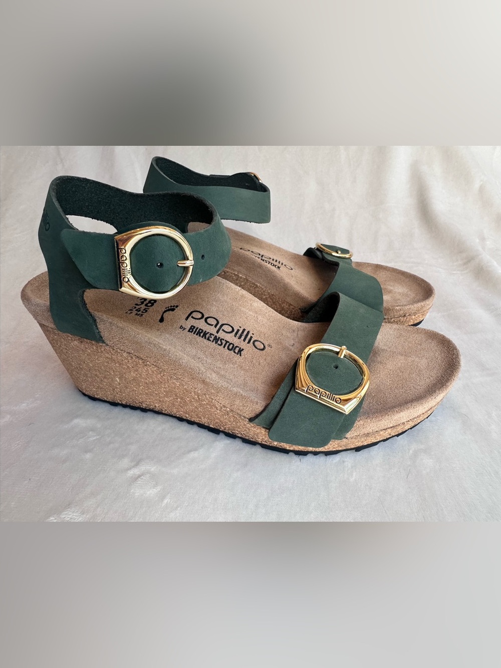 Birkenstock Papillio Green Suede Wedge Sandals with Gold Buckles
